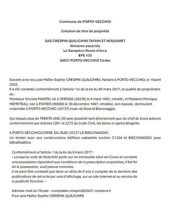 Avis de création de titre de propriété - Commune de Portivechju (Pumonti)