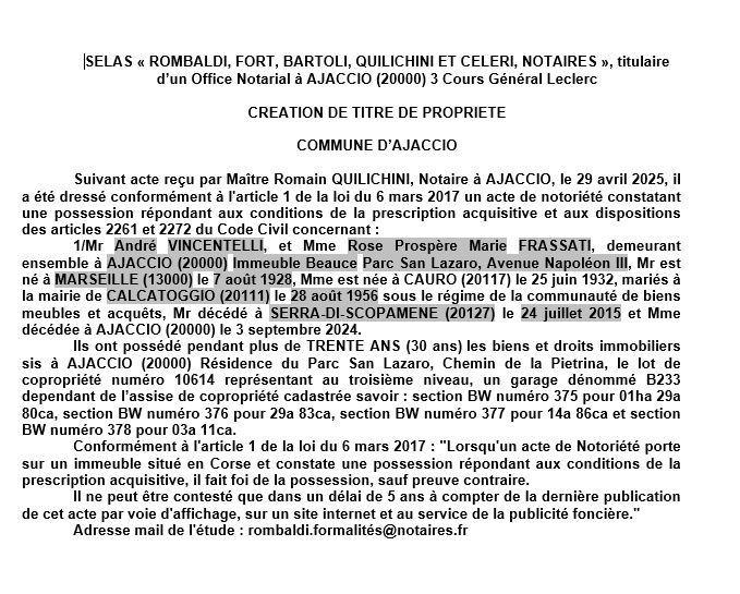Avis de création de titre de propriété - Commune d'Aiacciu (Pumonti)