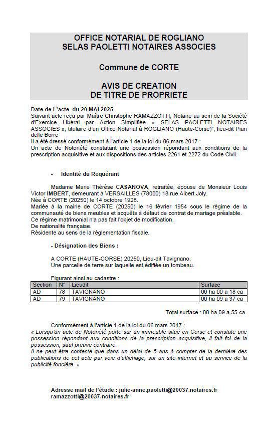 Avis de création de titre de propriété - Commune de Corti (Cismonte)