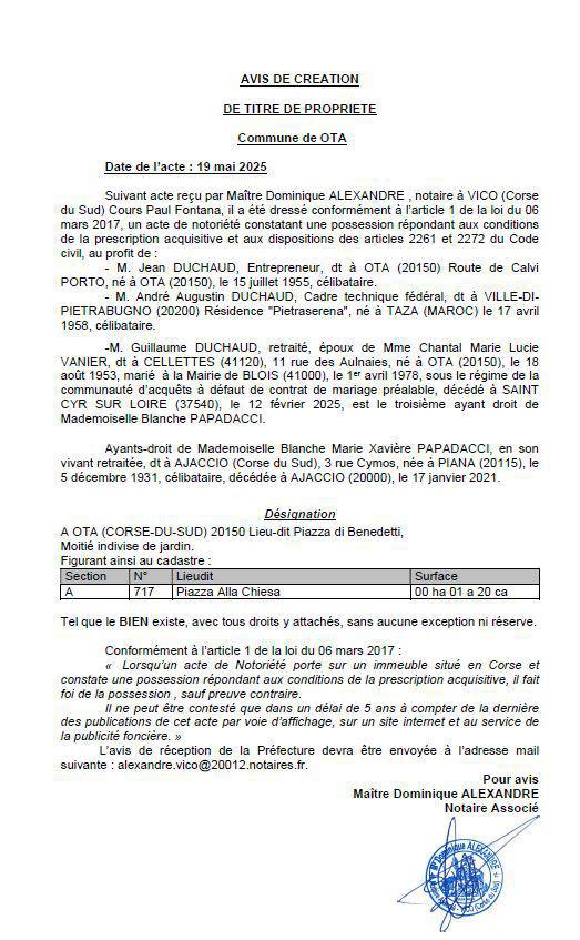 Avis de création de titre de propriété - Commune d'Ota (Pumonti)