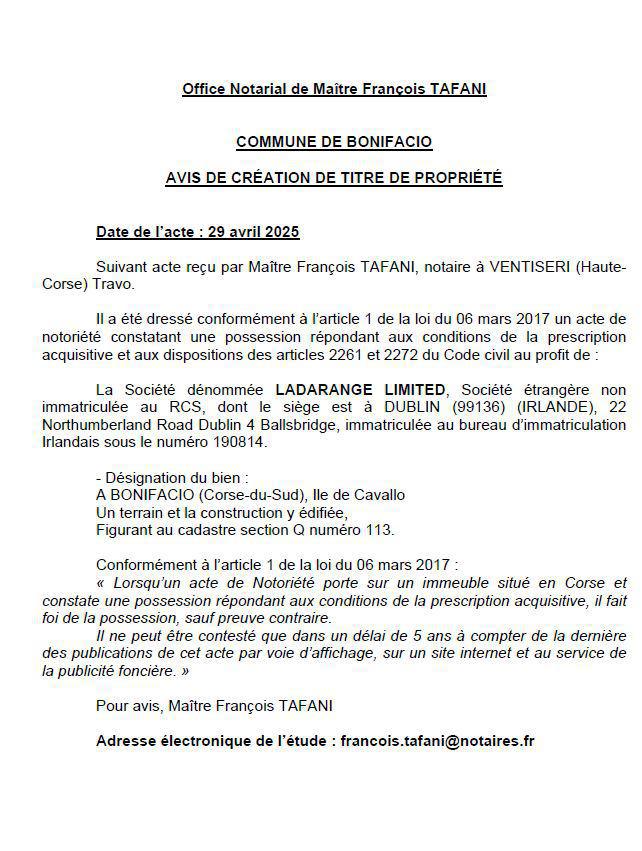 Avis de création de titre de propriété - Commune de Bonifaziu (Pumonti)