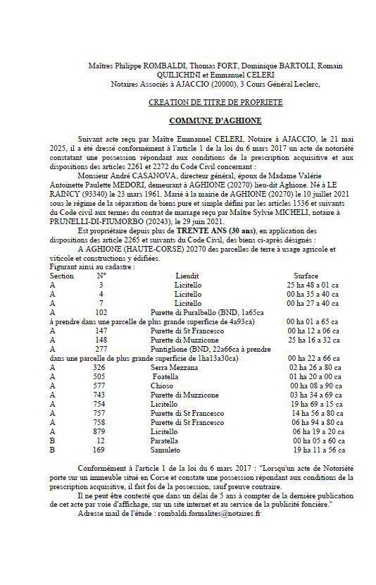 Avis de création de titre de propriété - Commune d'Aghjone (Cismonte)