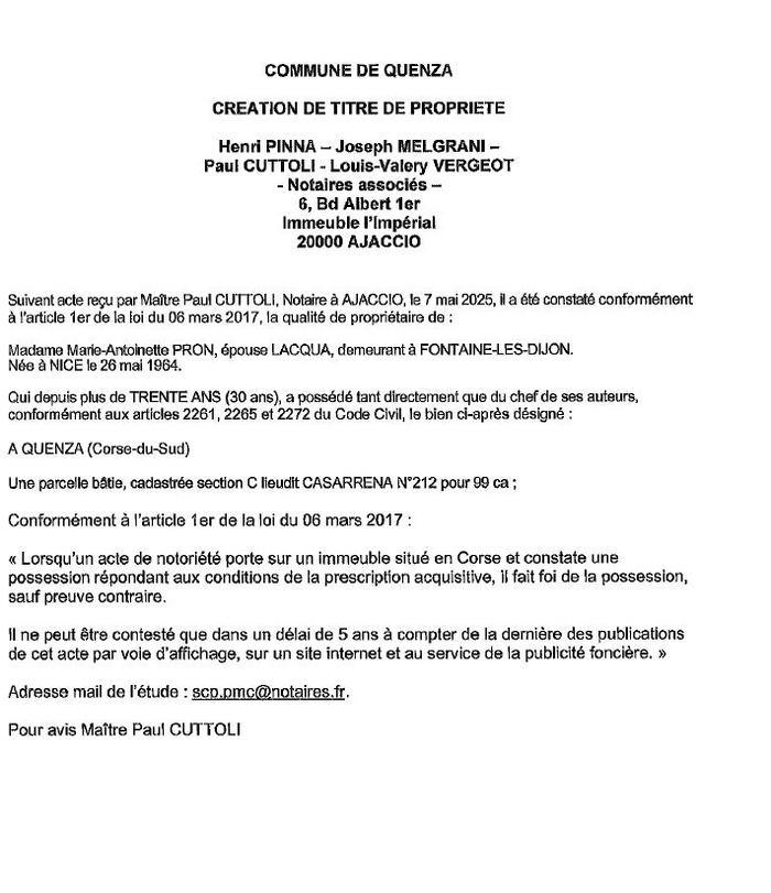 Avis de création de titre de propriété - Commune de Quenza (Pumonti)