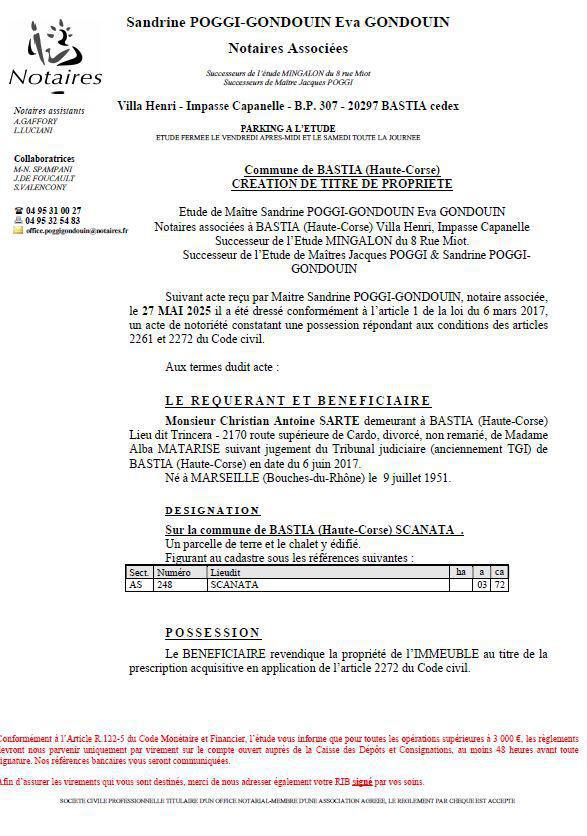 Avis de création de titre de propriété - Commune de Bastia (Cismonte)