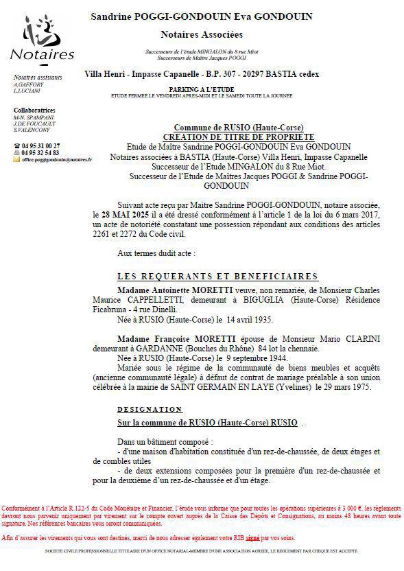 Avis de création de titre de propriété - Commune de Rusiu (Cismonte)