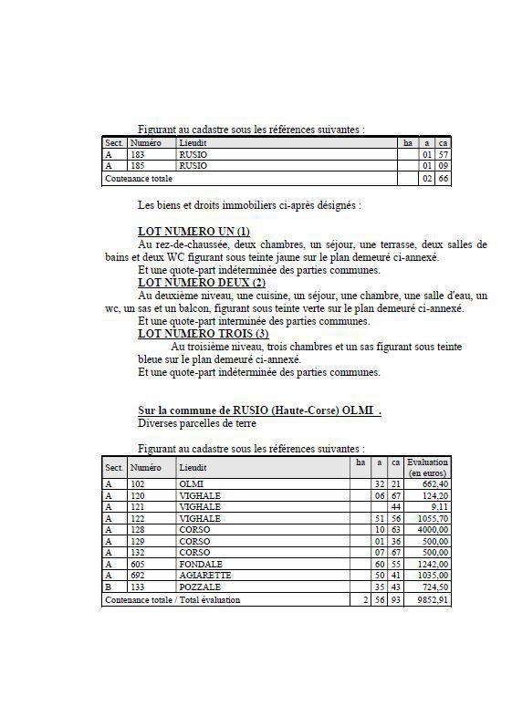 Avis de création de titre de propriété - Commune de Rusiu (Cismonte)