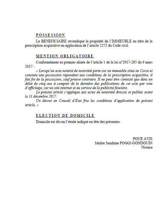 Avis de création de titre de propriété - Commune de Rusiu (Cismonte)