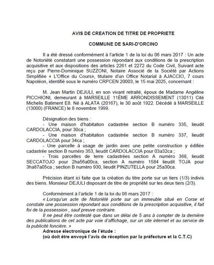 Avis de création de titre de propriété - Commune de Sari d'Urcinu (Pumonti)