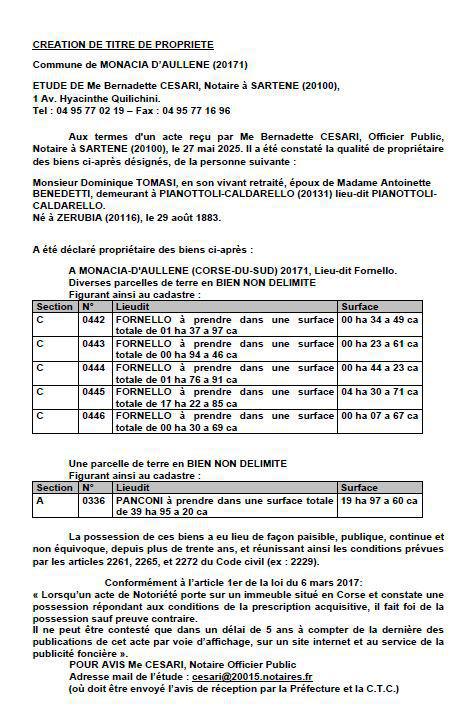 Avis de création de titre de propriété - Commune d'A Munacia d'Auddè (Pumonti)