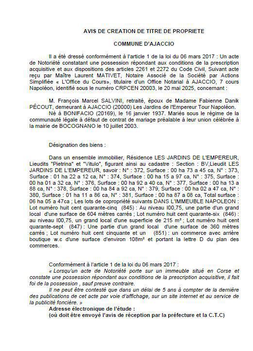 Avis de création de titre de propriété - Commune d'Aiacciu (Pumonti)