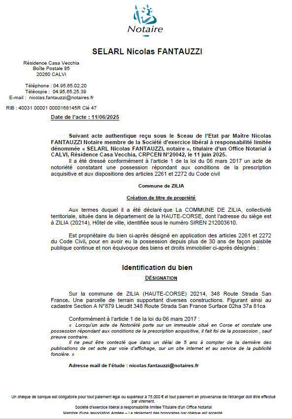 Avis de création de titre de propriété - Commune de Zilia (Cismonte)