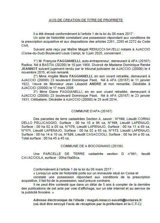 Avis de création de titre de propriété - Communes d'Afa et Bucugnà (Pumonti)