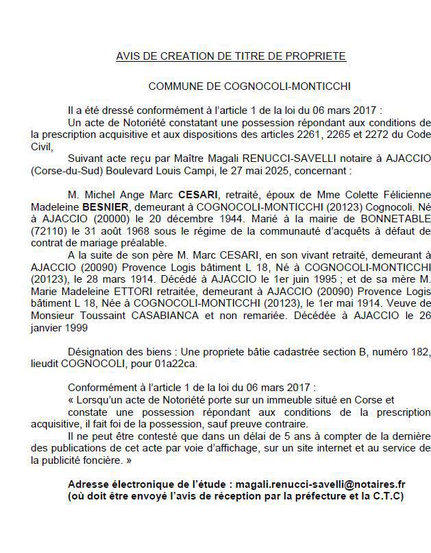Avis de création de titre de propriété - Commune de Cugnoculu è Muntichji (Pumonti)