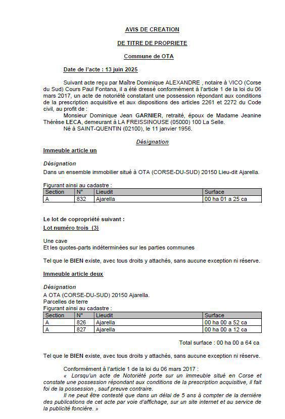 Avis de création de titre de propriété - Commune d'Ota (Pumonti)