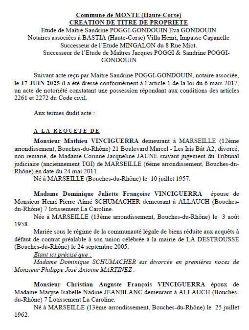 Avis de création de titre de propriété - Commune d'U Monte (Cismonte)