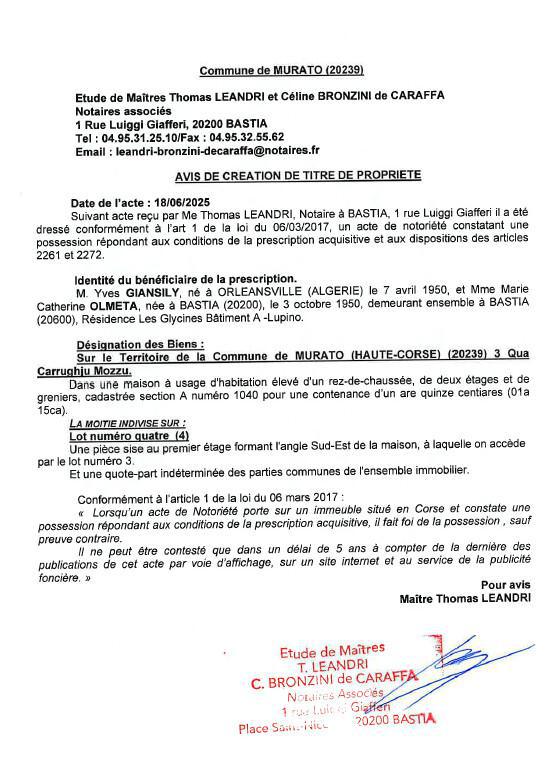 Avis de création de titre de propriété - Commune de Muratu (Cismonte)