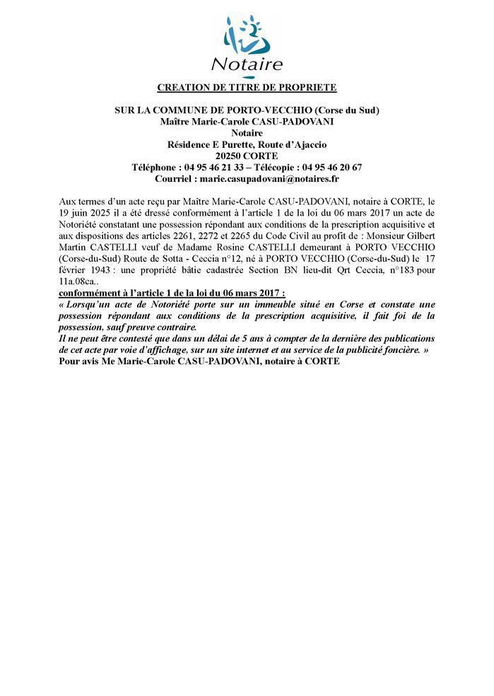 Avis de création de titre de propriété - Commune de Portivechju (Pumonti)