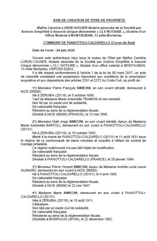 Avis de création de titre de propriété - Commune de Pianottuli è Caldareddu (Pumonti)