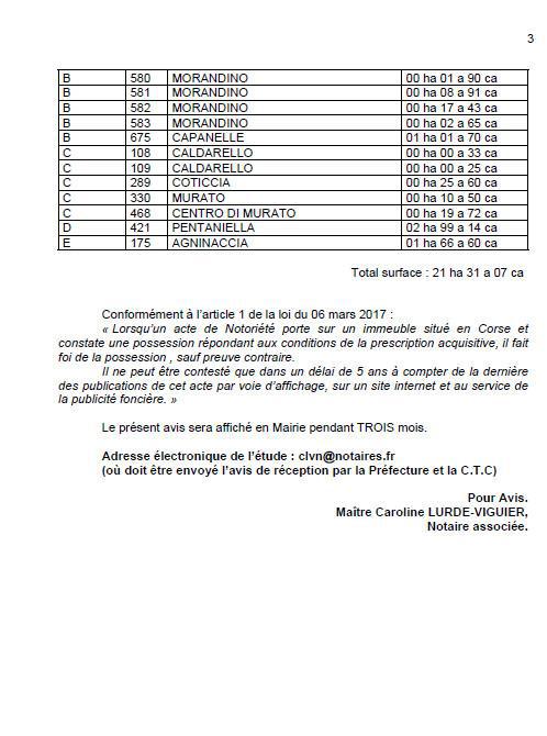  Avis de création de titre de propriété - Commune de Pianottuli è Caldareddu (Pumonti)