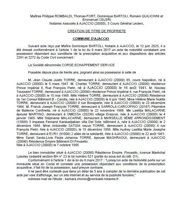 Avis de création de titre de propriété - Commune d'Aiacciu (Pumonti)