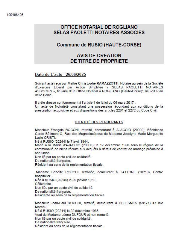 Avis de création de titre de propriété - Commune de Rusiu (Cismonte)
