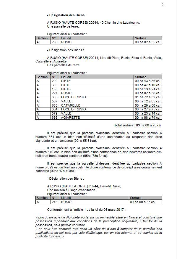 Avis de création de titre de propriété - Commune de Rusiu (Cismonte)
