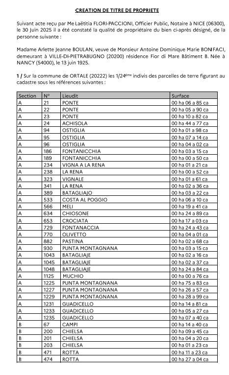 Avis de création de titre de propriété - Commune de L'Ortale (Cismonte)