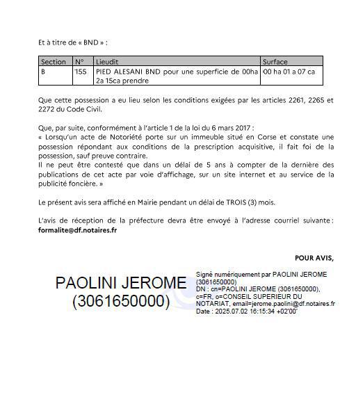 Avis de création de titre de propriété - Commune de L'Ortale (Cismonte)