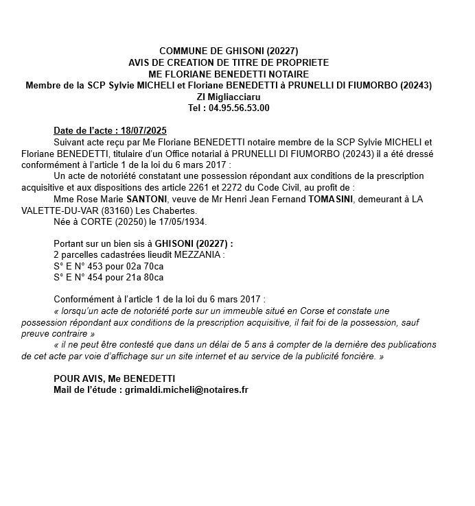 Avis de création de titre de propriété - Commune de Ghisoni (Cismonte)