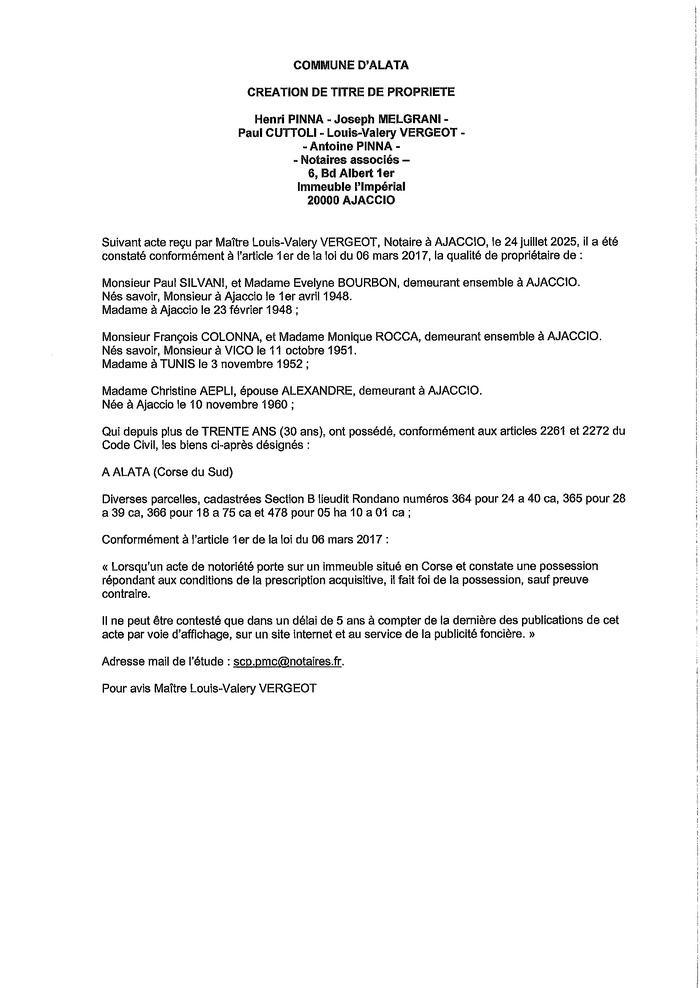 Avis de création de titre de propriété - Commune d'Alata (Pumonti)