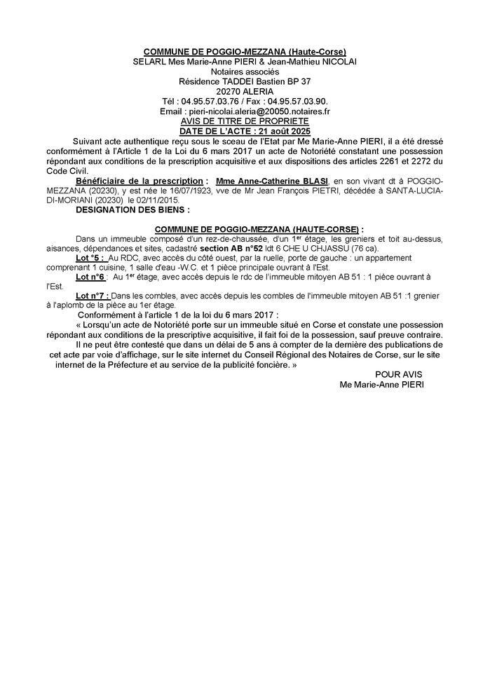 Avis de création de titre de propriété - Commune de Poghju è Mezana (Cismonte)