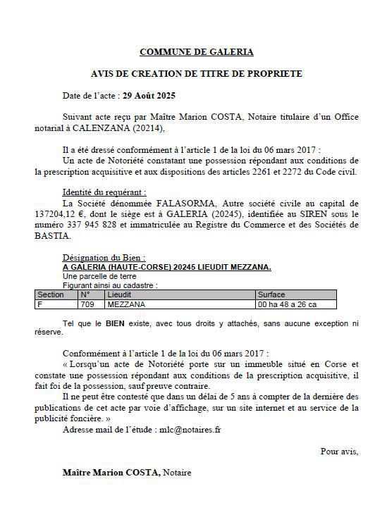 Avis de création de titre de propriété - Commune de Galeria (Cismonte)