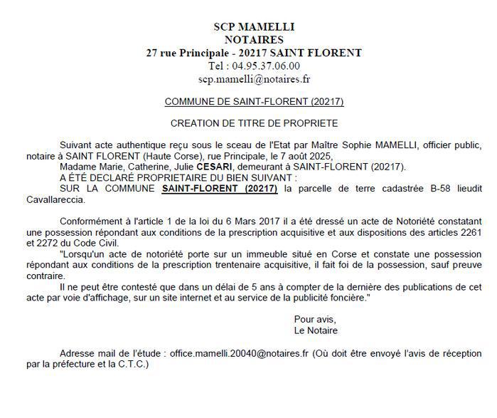 Avis de création de titre de propriété - Commune de San Fiurenzu (Cismonte)