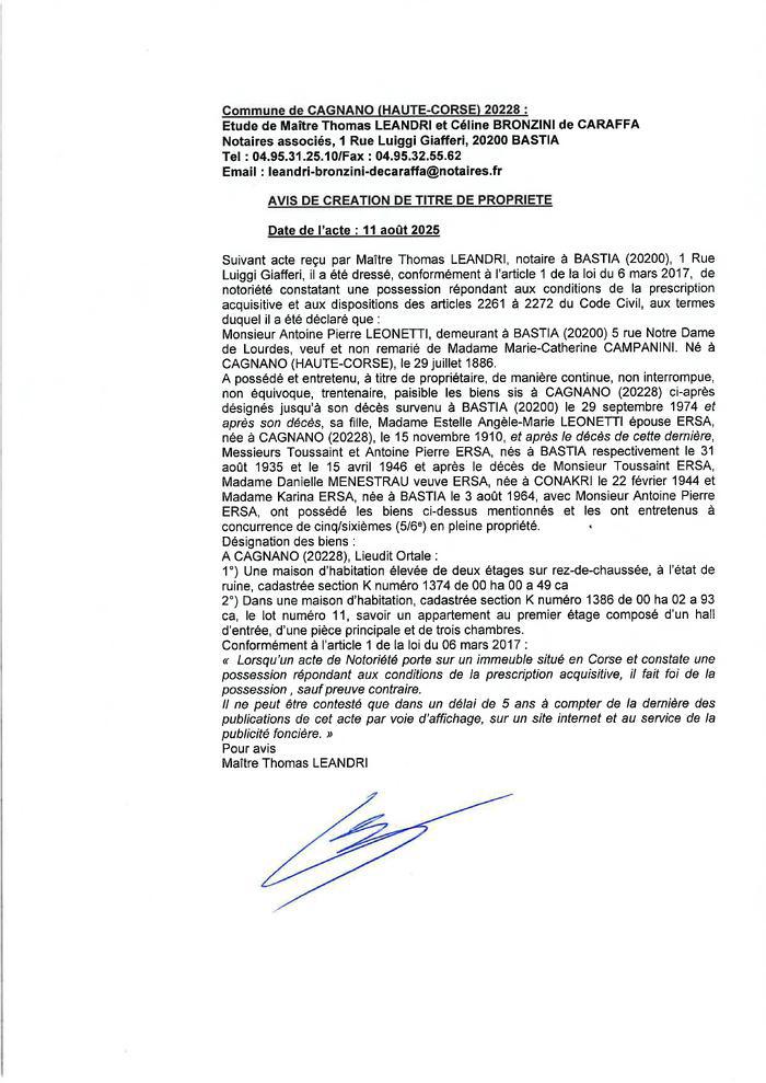 Avis de création de titre de propriété - Commune de Cagnanu (Cismonte)