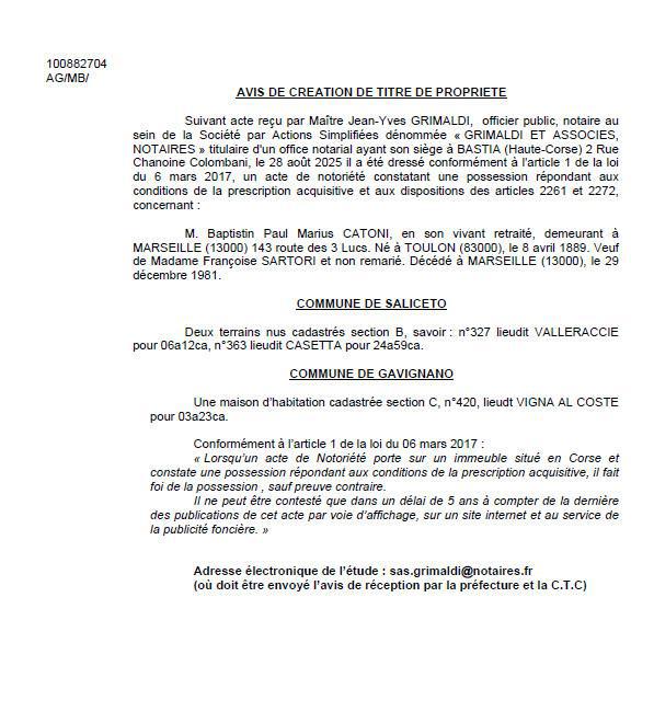 Avis de création de titre de propriété - Communes d'U Salgetu et Gavignanu (Cismonte)