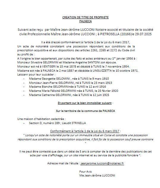 Avis de création de titre de propriété - Commune de Palleca (Pumonti)