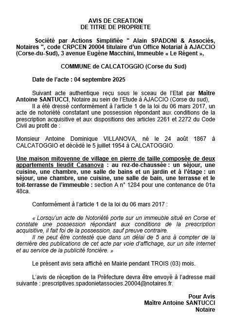 Avis de création de titre de propriété - Commune de Calcatoghju (Pumonti)