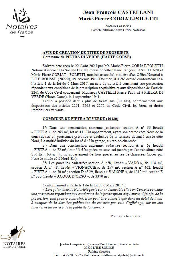Avis de création de titre de propriété - Commune d'A Petra di Verde (Cismonte)