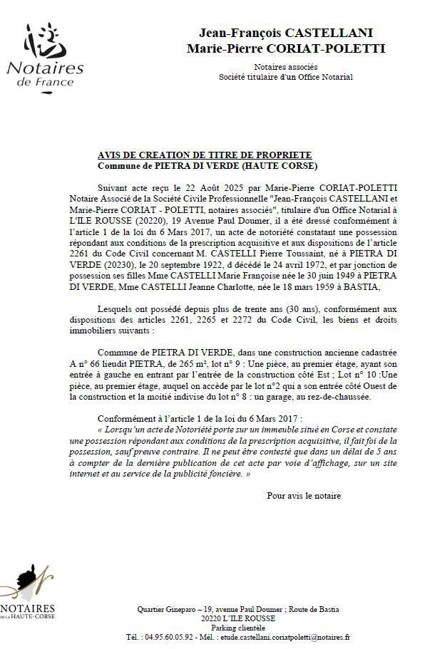 Avis de création de titre de propriété - Commune d'A Petra di Verde (Cismonte)