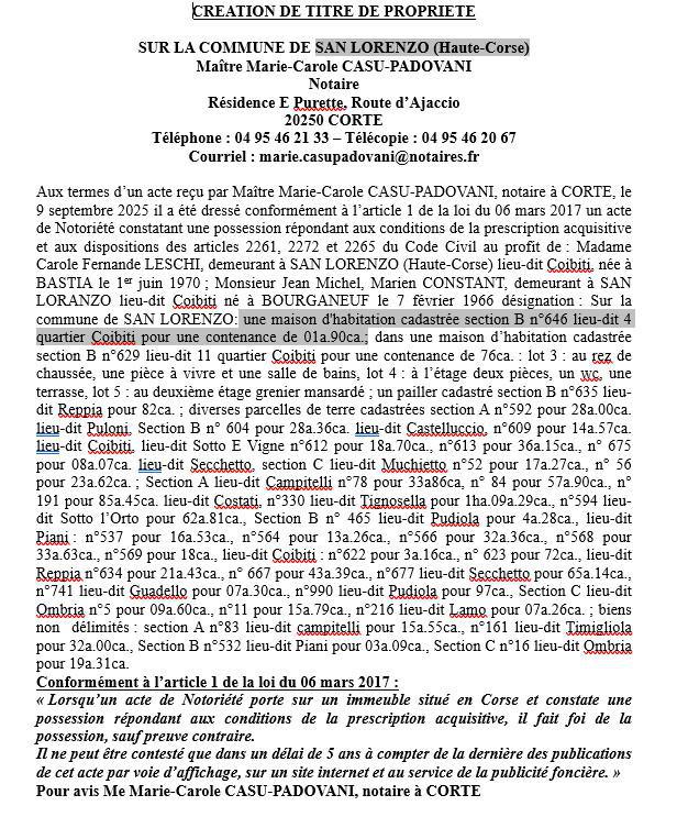 Avis de création de titre de propriété - Commune de San Lorenzu (Cismonte)