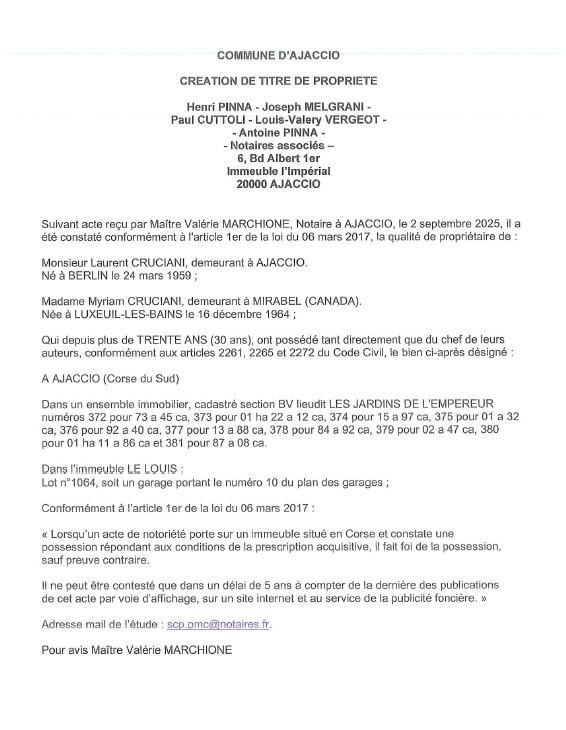 Avis de création de titre de propriété - Commune d'Aiacciu (Pumonti)