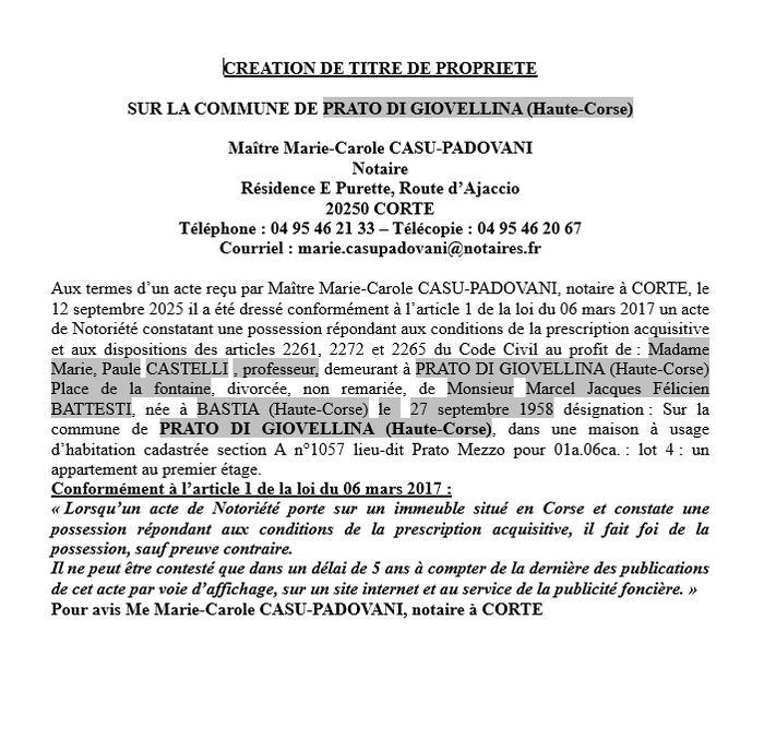 Avis de création de titre de propriété - Commune d'U Pratu di Ghjuvellina (Cismonte)