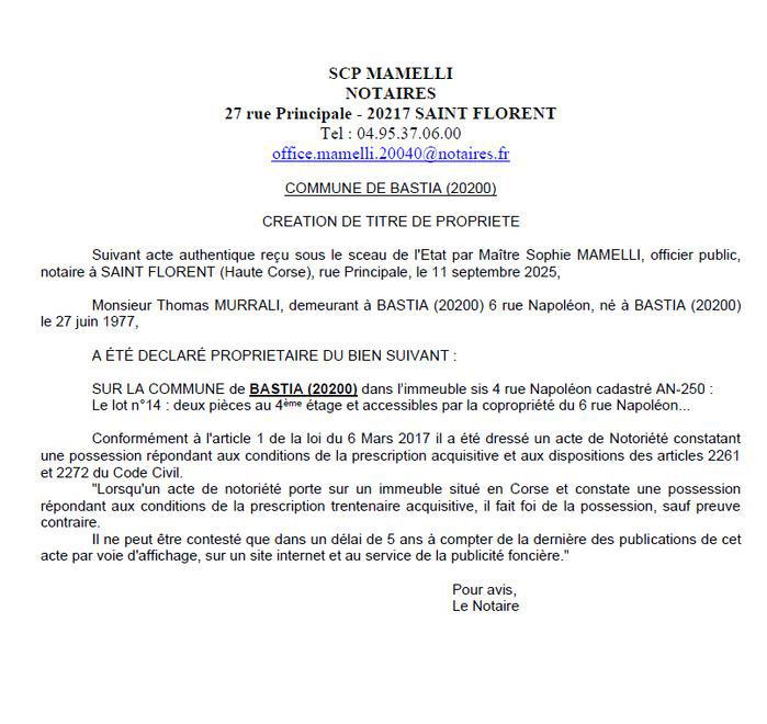 Avis de création de titre de propriété - Commune de Bastia (Cismonte)