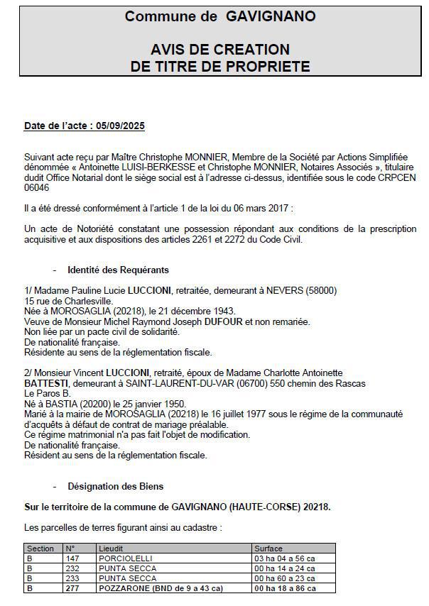 Avis de création de titre de propriété - Commune de Gavignanu (Cismonte)