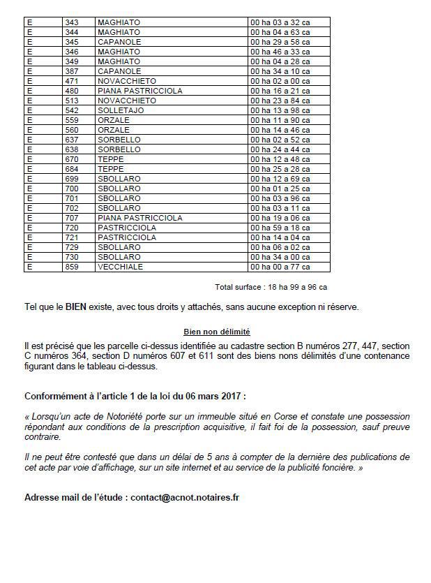 Avis de création de titre de propriété - Commune de Gavignanu (Cismonte)
