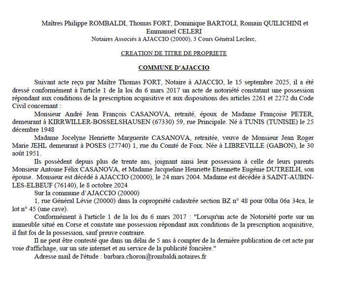 Avis de création de titre de propriété - Commune d'Aiacciu (Pumonti)