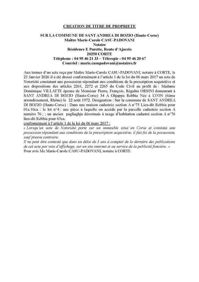 Avis de création de titre de propriété - Commune de Sant'Andria di Boziu (Cismonte)