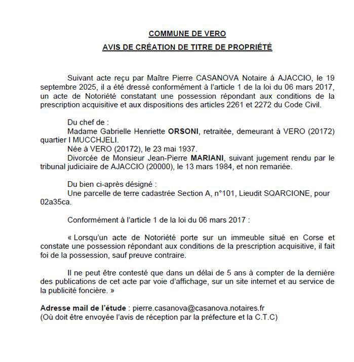 Avis de création de titre de propriété - Commune de Veru (Pumonti) Avis de création de titre de propriété - Commune de Veru (Pumonti)