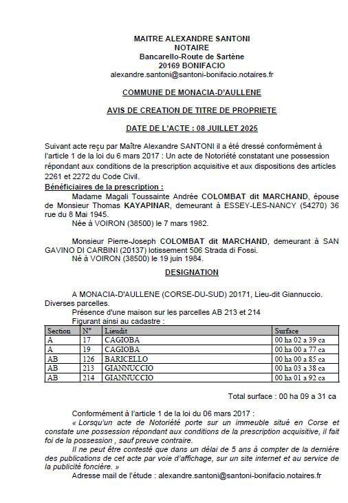 Avis de création de titre de propriété - Commune d'A Munacia d'Auddè (Pumonti) Avis de création de titre de propriété - Commune d'A Munacia d'Auddè (Pumonti)