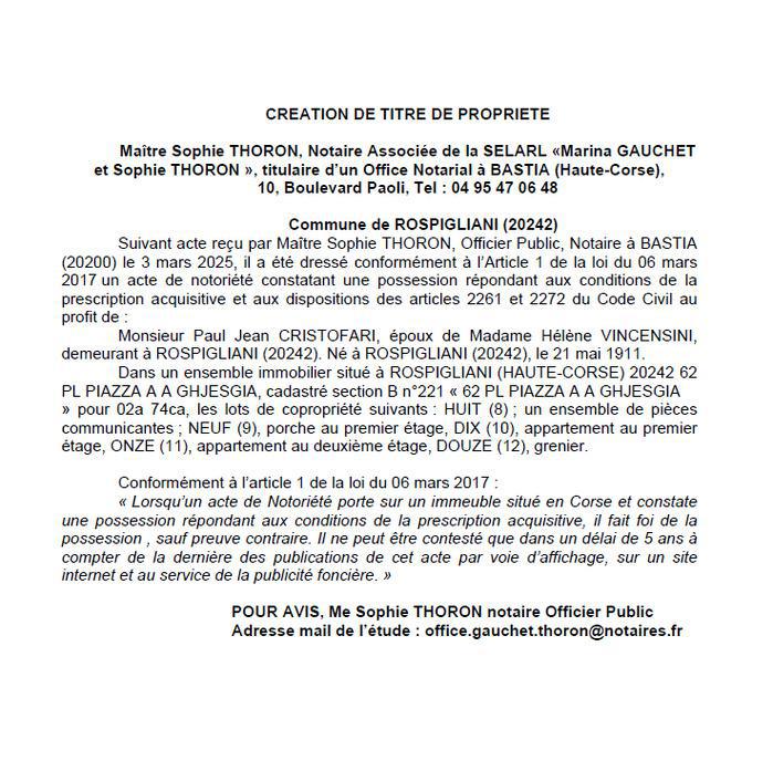 Avis de création de titre de propriété - Commune de Ruspigliani (Cismonte)